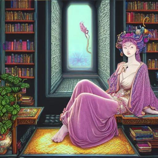 Image similar to a detailed fantasy pastel portrait of a woman wizard in ornate clothing lounging on a purpur pillow on the marble floor in front of her bookcase in a room, reading an ancient tome. to the side is a potted plant, moody light. ancient retrofuturistic setting. 4 k key art. raytracing, perspective, by chie yoshii and yoshitaka amano.