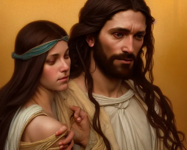 Image similar to photography of jesus coupling with a women in jerusalem, deep focus, intricate, elegant, highly detailed, digital painting, artstation, concept art, matte, sharp focus, illustration, art by artgerm and greg rutkowski and alphonse mucha