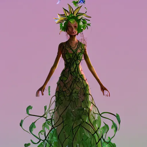 Image similar to cell shaded humanoid onion goddess, flower vine dress, crown, artstation, 4 k