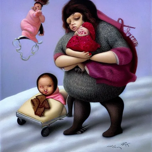 Image similar to there's an infant clinging to his overweight mother in the cold as they go to shop for cigarettes, lowbrow painting by mark ryden