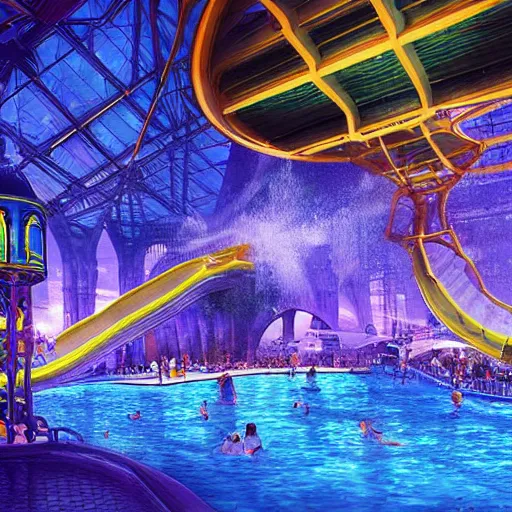Image similar to paris eiffel tower waterpark with water slides, digital art, epic composition, highly detailed, cinematic lighting