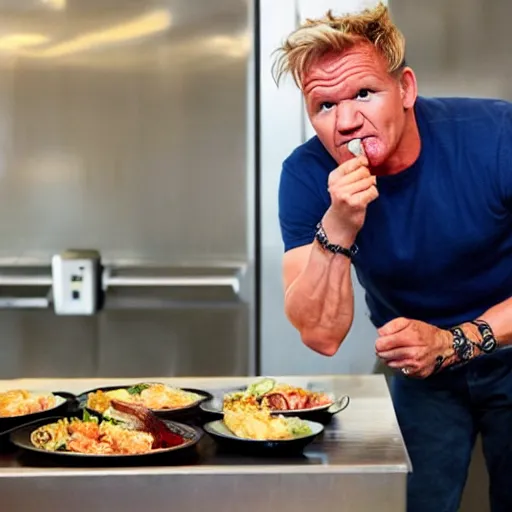 Image similar to gordon ramsay eating the food from the trash