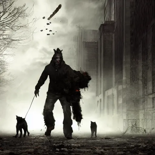 Prompt: dogwalker with german shepherd as angry zombie in a city park, full body portrait, horror core, apocalyptic, sharp focus, fiction, hyper detailed, digital art, trending in artstation, cinematic lighting, studio quality, smooth render, unreal engine 5 rendered, octane rendered, art style and nixeu and wlop and krenz cushart