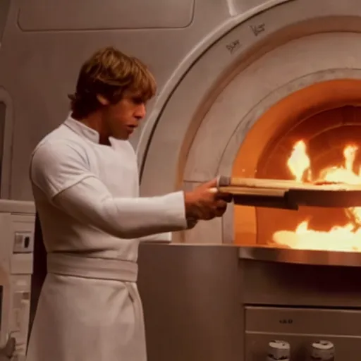 Prompt: A still of Luke Skywalker making a pizza, 4k, photograph, ultra realistic, highly detailed, professional lighting