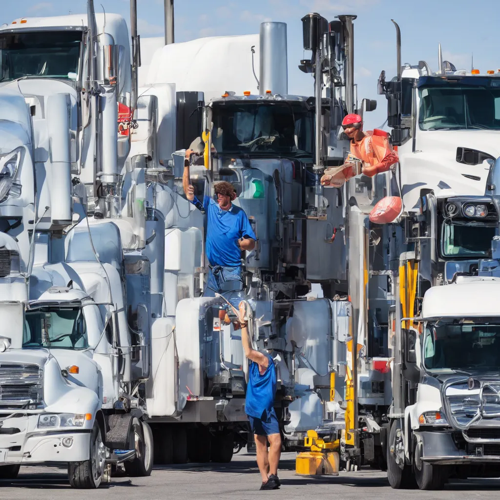 Prompt: truck driver at a truck stop giving thumbs up while pumping fuel in the background