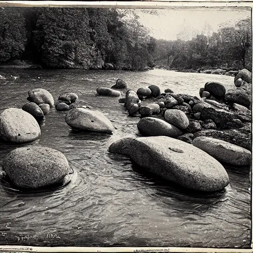 Image similar to detailed footage of european hunger stones in a river, photographic journalism, realistic, european river, 1 6 1 6 writing