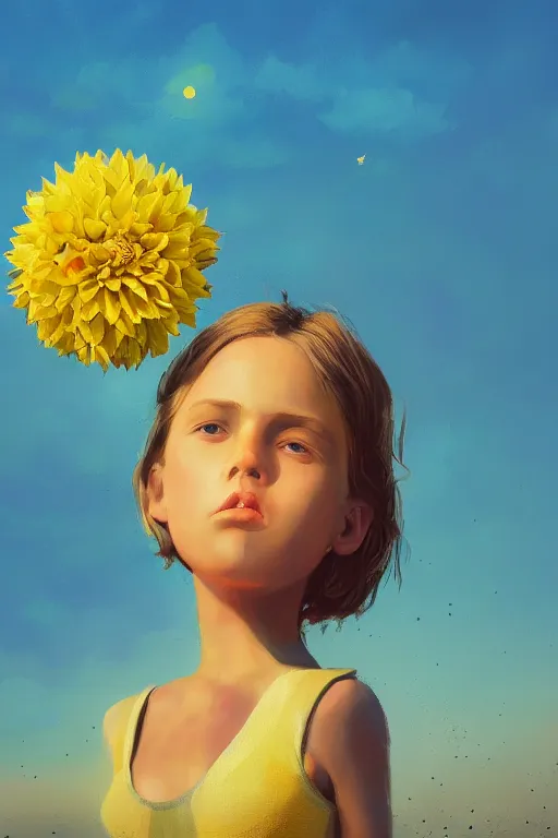 Image similar to closeup girl with huge yellow dahlia flower face, on the beach, surreal photography, blue sky, sunrise, dramatic light, impressionist painting, digital painting, artstation, simon stalenhag