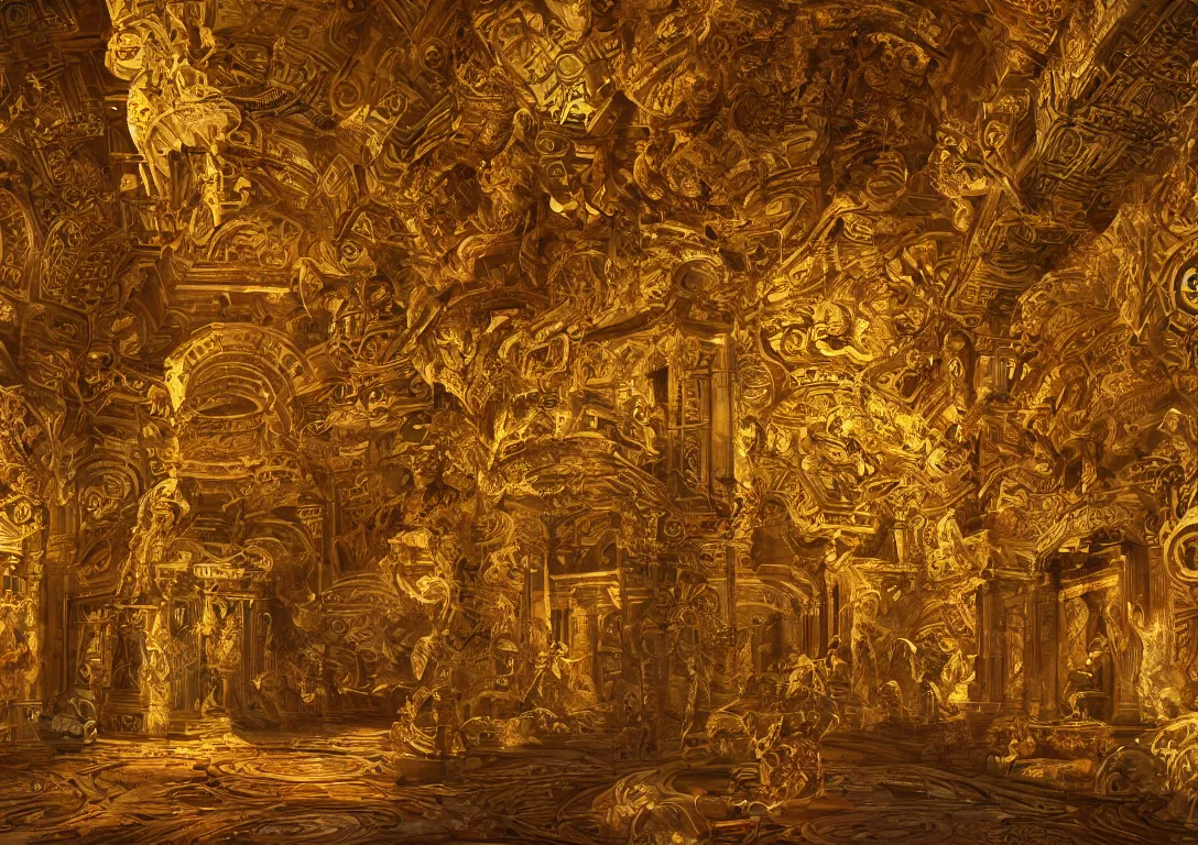 Image similar to hall of gods, with intricate details,, gold lighting by greg ruttowski, trending on artstation