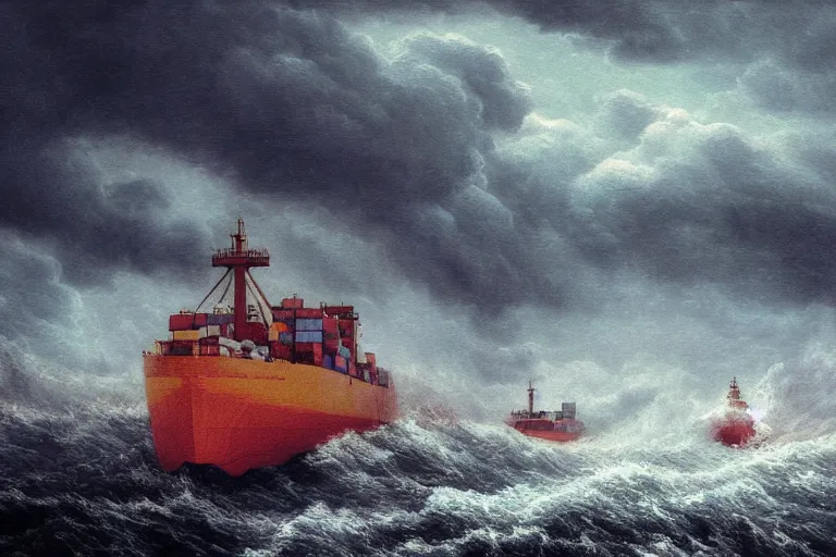 Image similar to merchant ship fleet in a storm, in the style of vernon grant and chris van allsburg, raging stormy sea, trending on artstation, bright tilt - shift camcorder effect, photoshop, retrowave, hyperrealism, octane, sharp focus, masterpiece