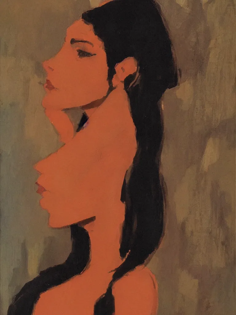 Prompt: portrait profile of one mysterious dark beautiful women in 1 9 7 8, oil painting by john watkiss