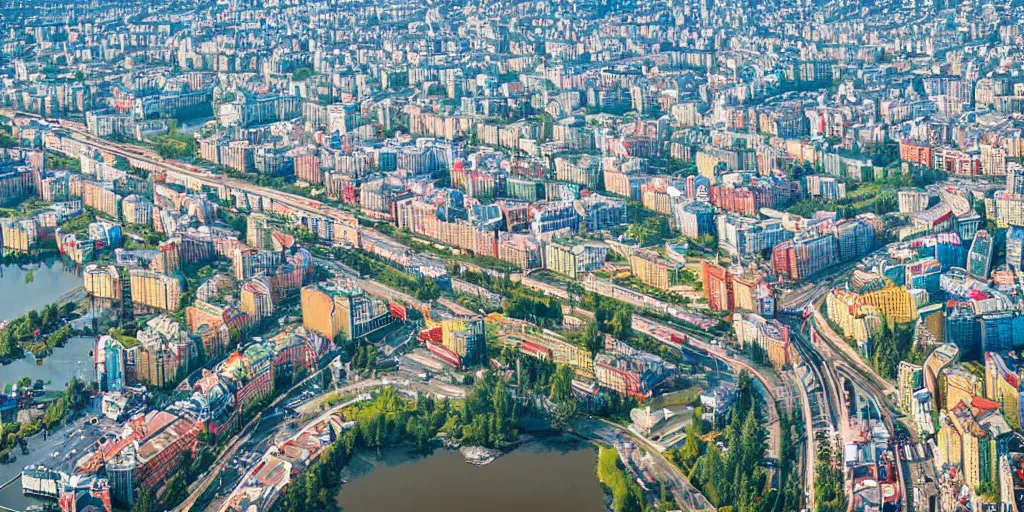 Image similar to bird's eye view photograph of a highrise Russian city, apartments, train station, pond, wide roads