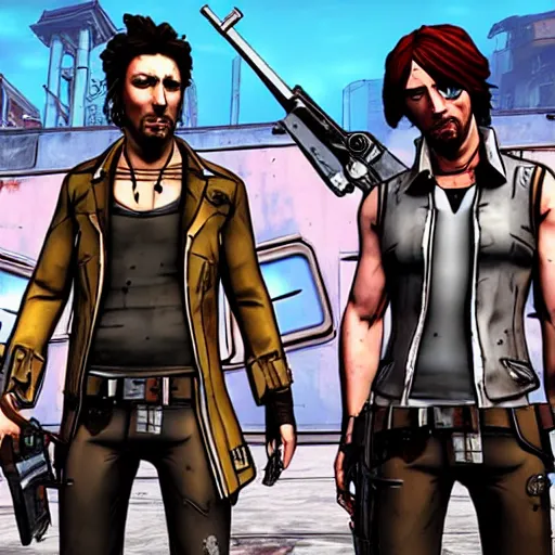 Prompt: the boondock saints in the borderlands game, cyberpunk weapons,