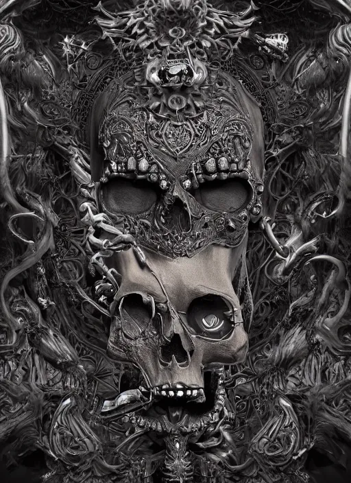 Image similar to a 3 d render of the queen of the underground, intricate details, skull, bones, hyper - realistic, matte painting, hyper - detailed, ornate, mysterious, dark