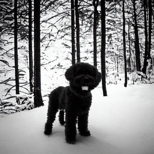 Image similar to dog looking at camera in les vosges forest at night, far away from camera, 70s photo, out of focus, motion blur, cctv footage