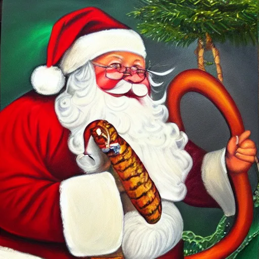 Prompt: oil painting of obese santa claus eating a cobra, high detail, colorful, very high details