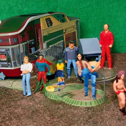 Image similar to 8 0's action figure playset of a trailer park with rednecks, realistic,