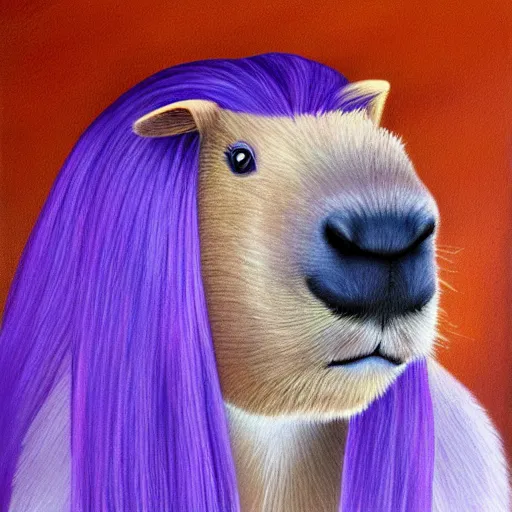 Prompt: painting of a capybara with a purple wig