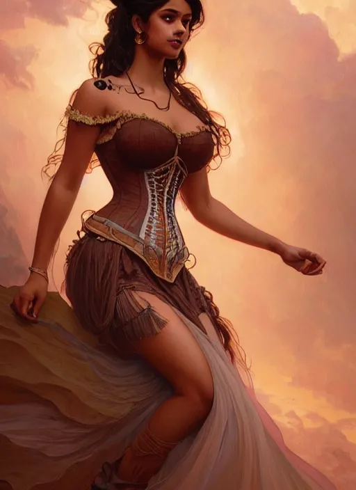 Image similar to cute brown woman wearing a translucent corset dress, fantasy, intricate, highly detailed, digital painting, artstation, concept art, wallpaper, smooth, sharp focus, illustration, art by artgerm and greg rutkowski and alphonse mucha