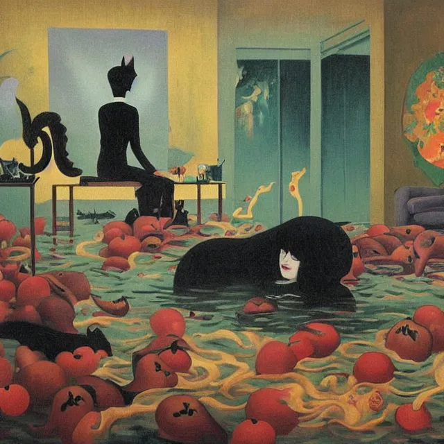 Image similar to emo catgirl artist in her flooded lounge room, painting of flood waters inside an artist's loungeroom, a river flooding indoors, pomegranates, pigs, ikebana, zen, water, octopus, river, rapids, waterfall, black swans, canoe, berries, acrylic on canvas, surrealist, by magritte and monet