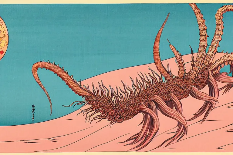 Image similar to ukiyoe painting of in a cambrian era ocean crawls an anatomically correct hallucigenia upon pink sand, trending on artstation