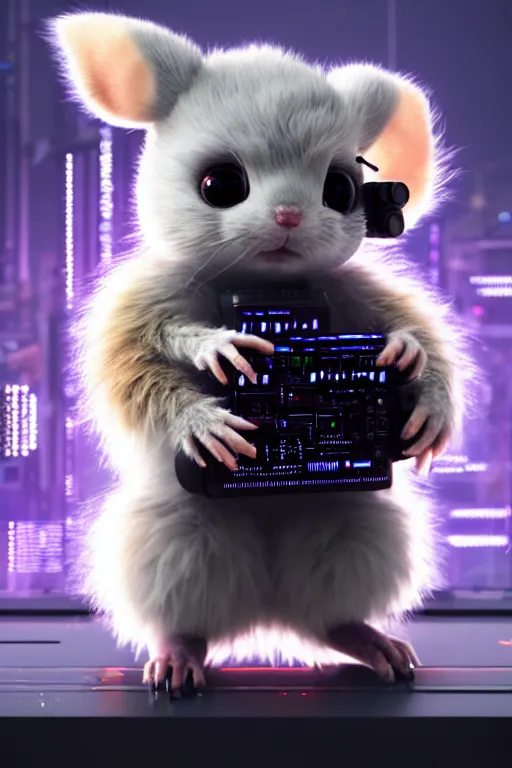 Image similar to high quality 3 d render very cute fluffy cyborg!! rat plays synthesizer, cyberpunk highly detailed, unreal engine cinematic smooth, in the style of blade runner & detective pikachu, hannah yata charlie immer, moody light, low angle, uhd 8 k, sharp focus