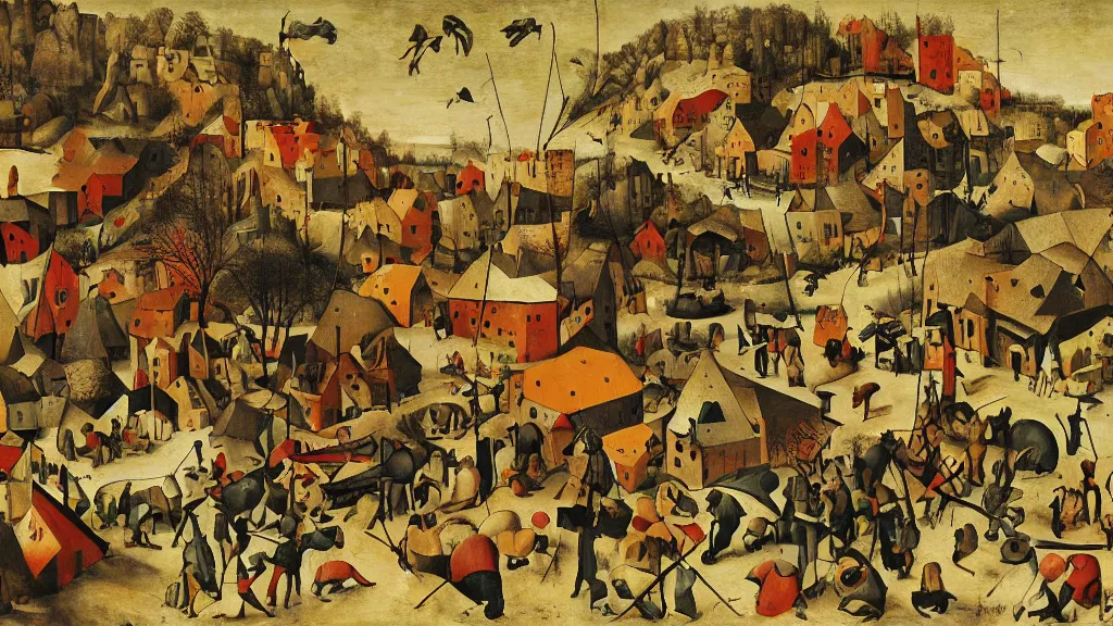 Image similar to abstract primitivism minimalism art painting, lines, forms, shapes, in style of pieter bruegel the elder