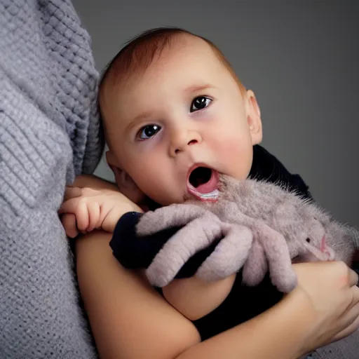 Prompt: Baby monster in the arms of a human mother