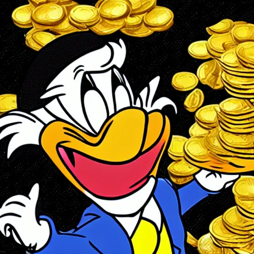 Prompt: scrooge mcduck driving into a pile of gold coins