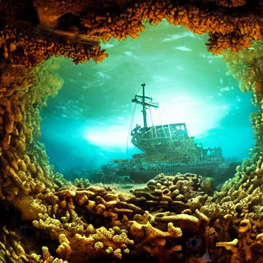 Image similar to treasure hidden under the coral in the ocean shipwreck, beautiful composition, wide angle, colorful, cinematic, volumetric lighting, intricate details painting