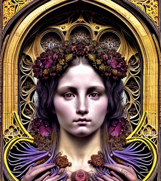 Image similar to hyperrealistic detailed face portrait of a beautiful young goddess morphing into a gothic cathedral, authentic ornamental architecture, intricate and highly detailed, awe inspiring art by ernst haeckel, h. r. giger, alphonso mucha, android jones, james jean, gothic, neo - gothic, heavily ornamental, nice deep colours,