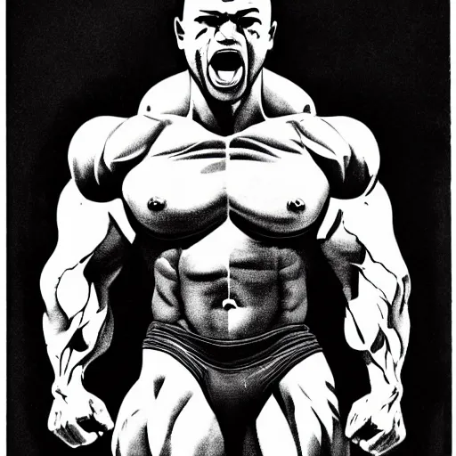 Prompt: a baby on steroids with absurdly big muscles flexing, intense expression, epic, high detail, high contrast