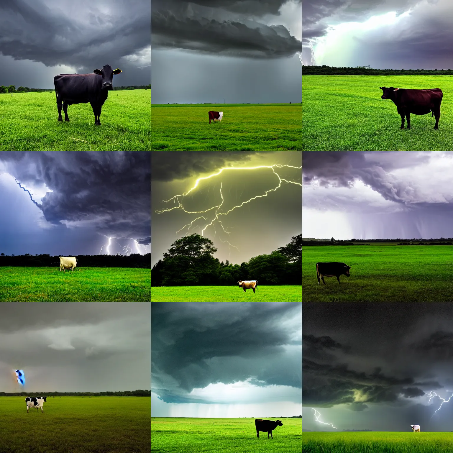 Prompt: a cow on lush green field on a raing day, thunderstorm, dense dark clouds, night