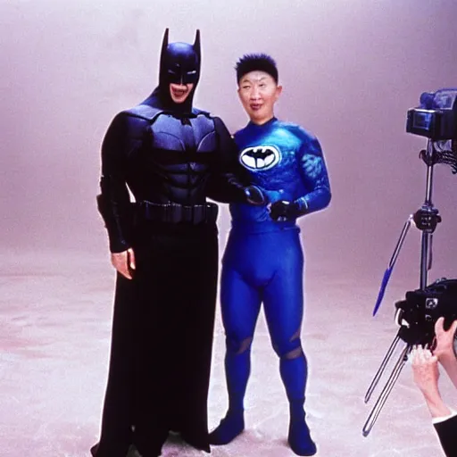 Prompt: son heung min on the set of Batman & Robin (1997) with Mr. Freeze behind the scenes DVD extra