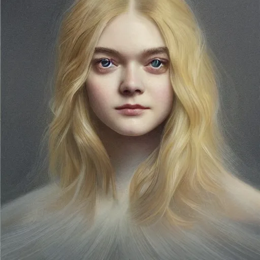 Image similar to professional painting of Elle Fanning in the style of Yoann Lossel, head and shoulders portrait, symmetrical facial features, smooth, sharp focus, illustration, intricate, stormy weather, extremely detailed masterpiece,