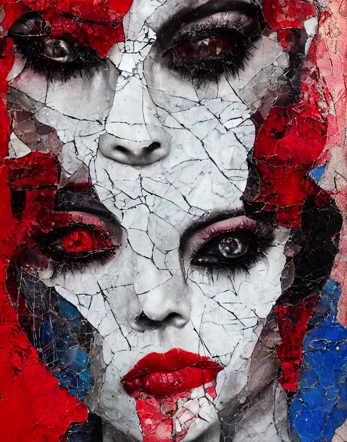 Prompt: languid temptation. mixed media collage with shattered glass and marble texture in style of contemporary art, punk art, photorealistic face, expressionism, masterpiece, perfect composition, photorealistic beautiful face, spectacular quality, deep shadows, intricate oil details, red, white, blue, black