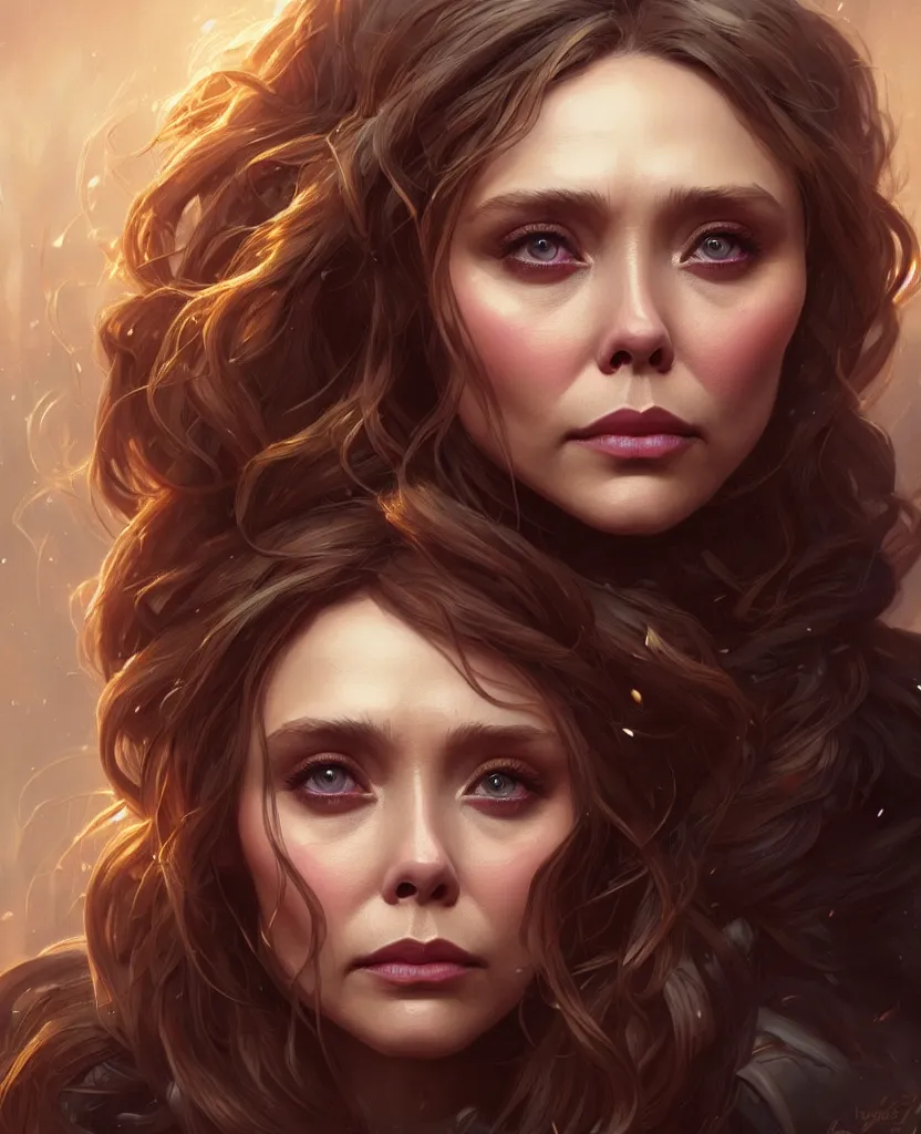 Image similar to Elizabeth Olsen, closeup, D&D, fantasy, intricate, elegant, highly detailed, digital painting, artstation, concept art, matte, sharp focus, illustration, hearthstone, art by Artgerm and Greg Rutkowski and Alphonse Mucha