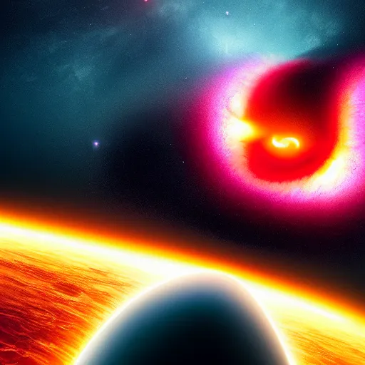 Image similar to the death of a giant black hole just before the big bang, unreal engine, octane render, vray, cinematic, epic, rule of thirds, vivid colors, neon colors