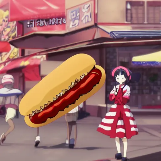 Image similar to still from anime film by makoto shintai of a hotdog