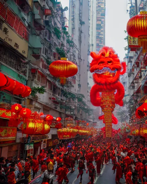 Image similar to chinese new year decoration, chinese new year parade, dragon float, monks, giant asian gods, crowd of people, street, poor buildings, hong kong buildings, kowloon, slums, cyberpunk, ghost in the shell, dramatic lighting, trending on Artstation, 8k, highly realistic, hyper detailed, unreal engine 5, IMAX quality, realistic, cinematic, epic lighting, realistic, Matte Painting, masterpiece,