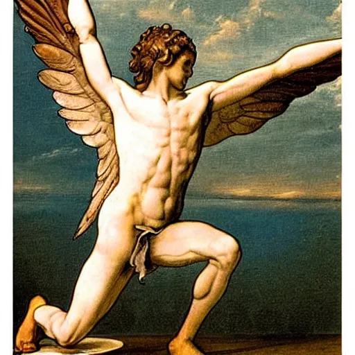 Image similar to Icarus dabbing right before his wings melt