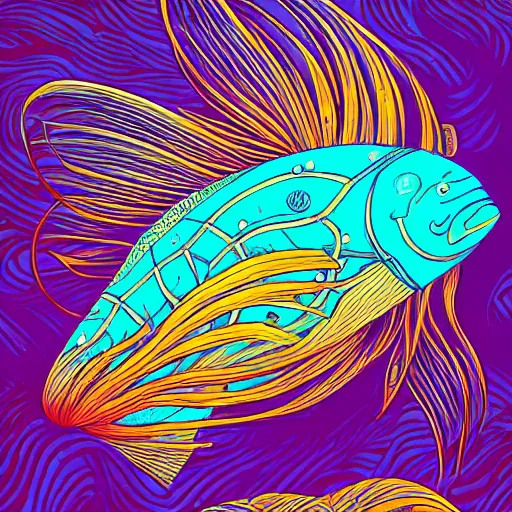 Prompt: one highly stylized fish in the ocean, viewed in profile, seaweed, background with complex patterns, sparkles, artstation, intricate, highly detailed, digital painting, concept art, sharp focus, illustration by tom whalen and charles williams and kilian eng and james jean