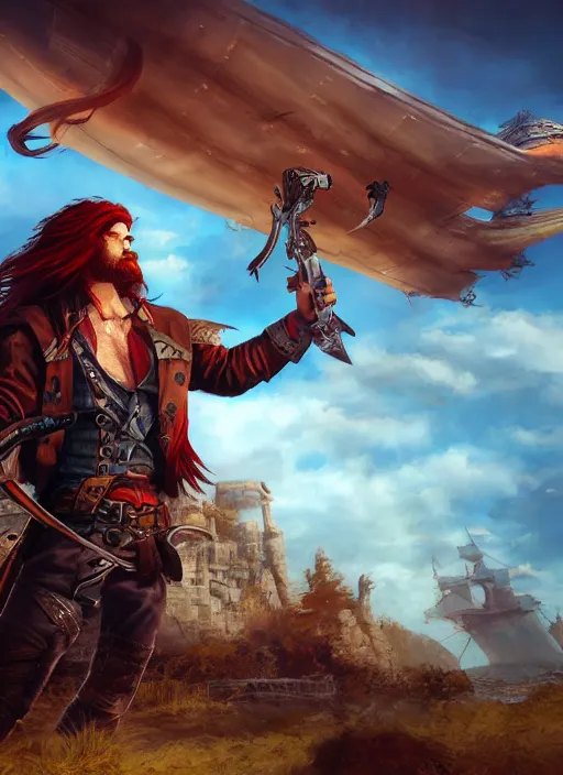 Image similar to An epic fantasy comic book style portrait painting of a long haired, red headed male sky-pirate wielding a pistol in front of an airship, unreal 5, DAZ, hyperrealistic, octane render, cosplay, RPG portrait, dynamic lighting