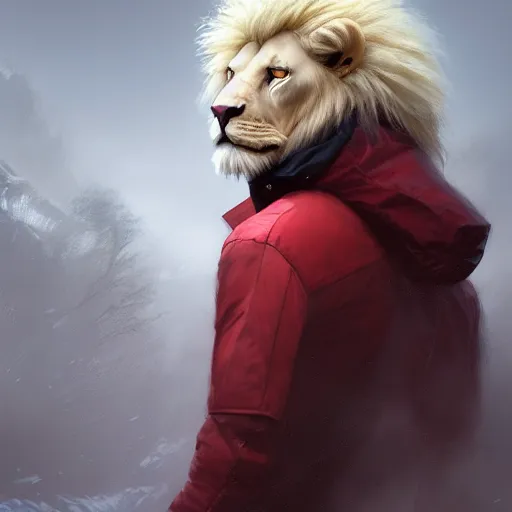 Image similar to commission portrait of a male anthro albino lion wearing a red-black puffer jacket.dramatic,character design by charles bowater,greg rutkowski,ross tran,hyperdetailed,hyperrealistic,4k,deviantart,artstation,professional photography,concept art