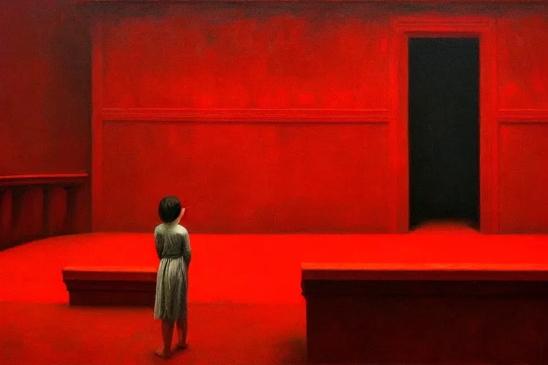 Image similar to only with red, crowd screaming, an exposed painting in a roman theater, in the style of beksinski, parts by edward hopper, parts by rodcenko, parts by yue minjun, intricate and epic composition, red by caravaggio, insanely quality, highly detailed, masterpiece, red light, artstation, 4 k