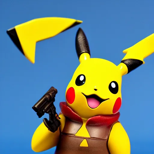 Image similar to plastic figure of pikachu holding a gun and standing on a wooden desk, 33mm, high res photo