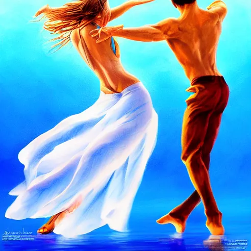 Image similar to semi realistic portrait Salsa Dancing inside a clear blue ocean water by AquaSixio, Stanley Artgerm Lau, Gesture draw, Salsa Social Dance, couple, Salsa tricks, WLOP, Rossdraws, Gesture draw, James Jean, Andrei Riabovitchev, Marc Simonetti, and Sakimichan, trending on artstation