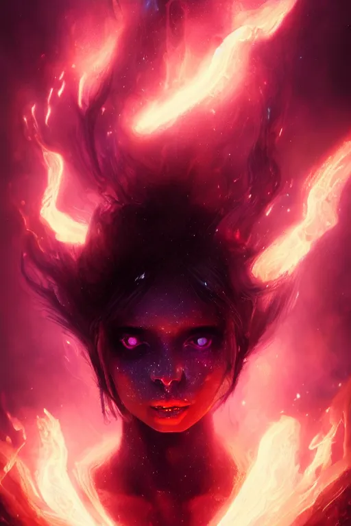 Image similar to a beautiful portrait of a young cosmic Demon women covered in deep purple flames with an intense look on her face by Greg Rutkowski, Sung Choi, Mitchell Mohrhauser, Maciej Kuciara, Johnson Ting, Maxim Verehin, Peter Konig, Bloodborne , 8k photorealistic, cinematic lighting, HD, high details, atmospheric , trending on artstation