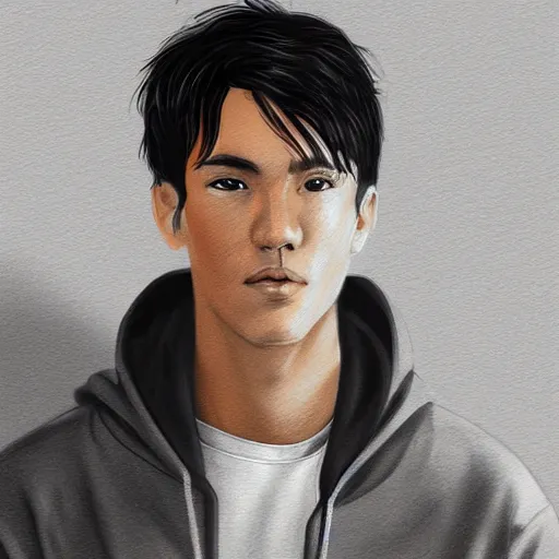 Prompt: a tan boy with black hair and gray hoodie, portrait, sharp focus, fantasy, digital art, concept art, dynamic lighting, epic composition, by emylie boivin, rossdraws