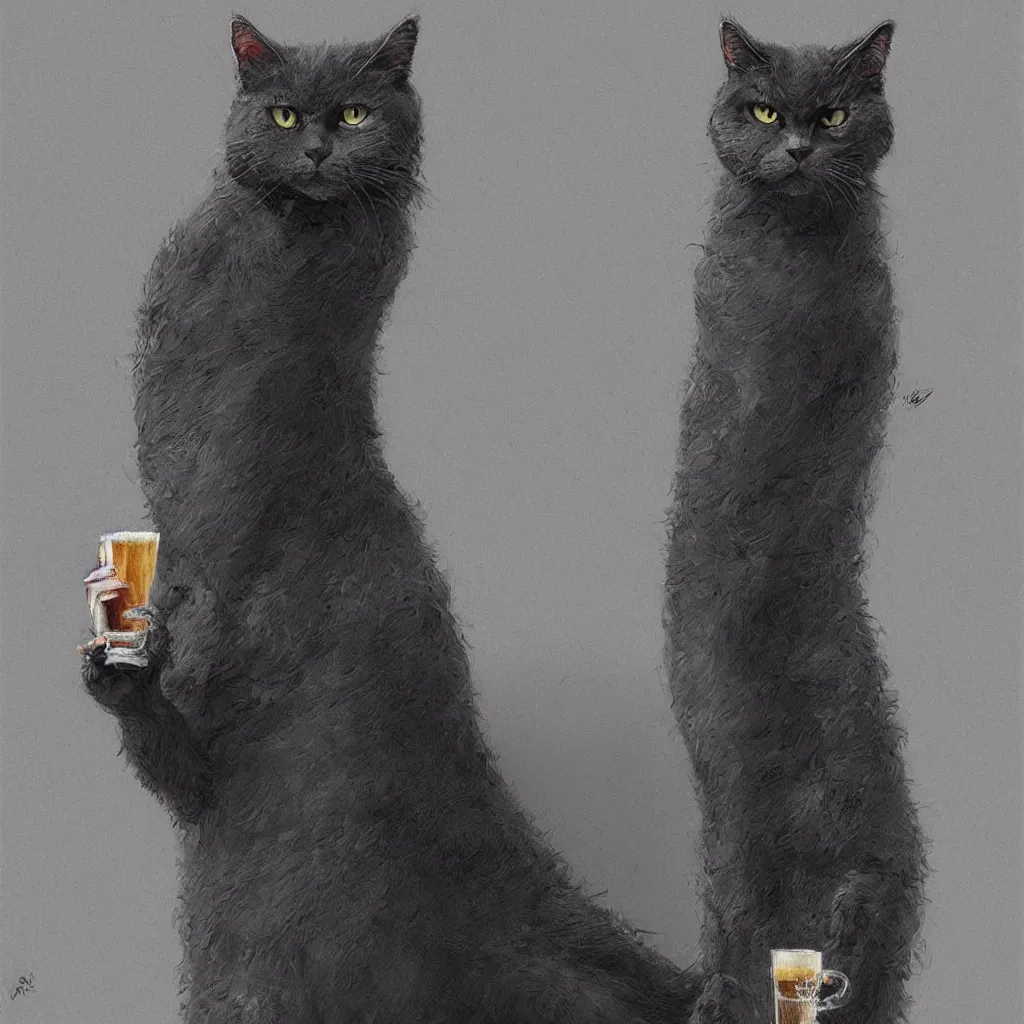 Prompt: a big dark angry powerful menacing grey cat wearing a suit. Holding a beer. Waving into the camera. With long fur and fluffy tail sitting, intricate, elegant, highly detailed, digital painting, artstation, concept art, matte, sharp focus, illustration, art by Artgerm and Greg Rutkowski and Alphonse Mucha