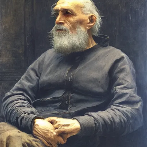 Prompt: portrait of an old wizened man dressed in designer streetwear by rick owens, painted by albrecht anker, jules bastien - lepage, william henry hunt, beautiful painting, soft lighting